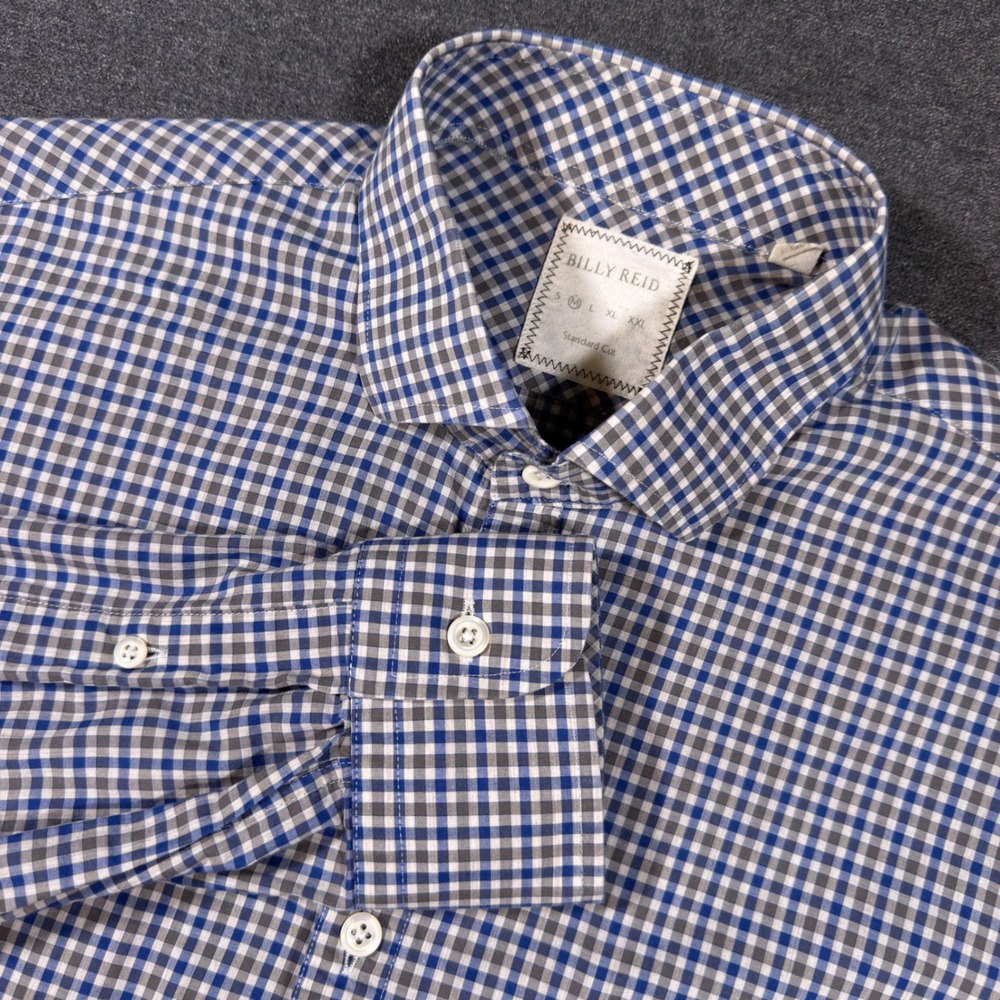 Billy Reid Button Down Shirt Mens M Blue Gingham Plaid Cotton Standard Cut Long